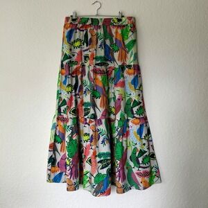 Oliphant Tiered Maxi Skirt Small Cotton Tropical Jungle Birds Tuckernuck Resort